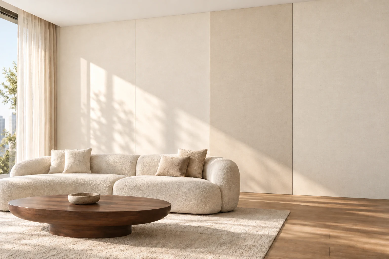 AI design illustration of a warm off-white panel wall with fine vertical joints behind the original light sofa and wooden coffee table