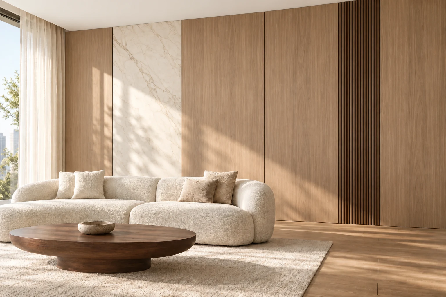 AI design illustration of a living room feature wall combining warm wood grain, pale marble-look panels and a dark wood slatted accent