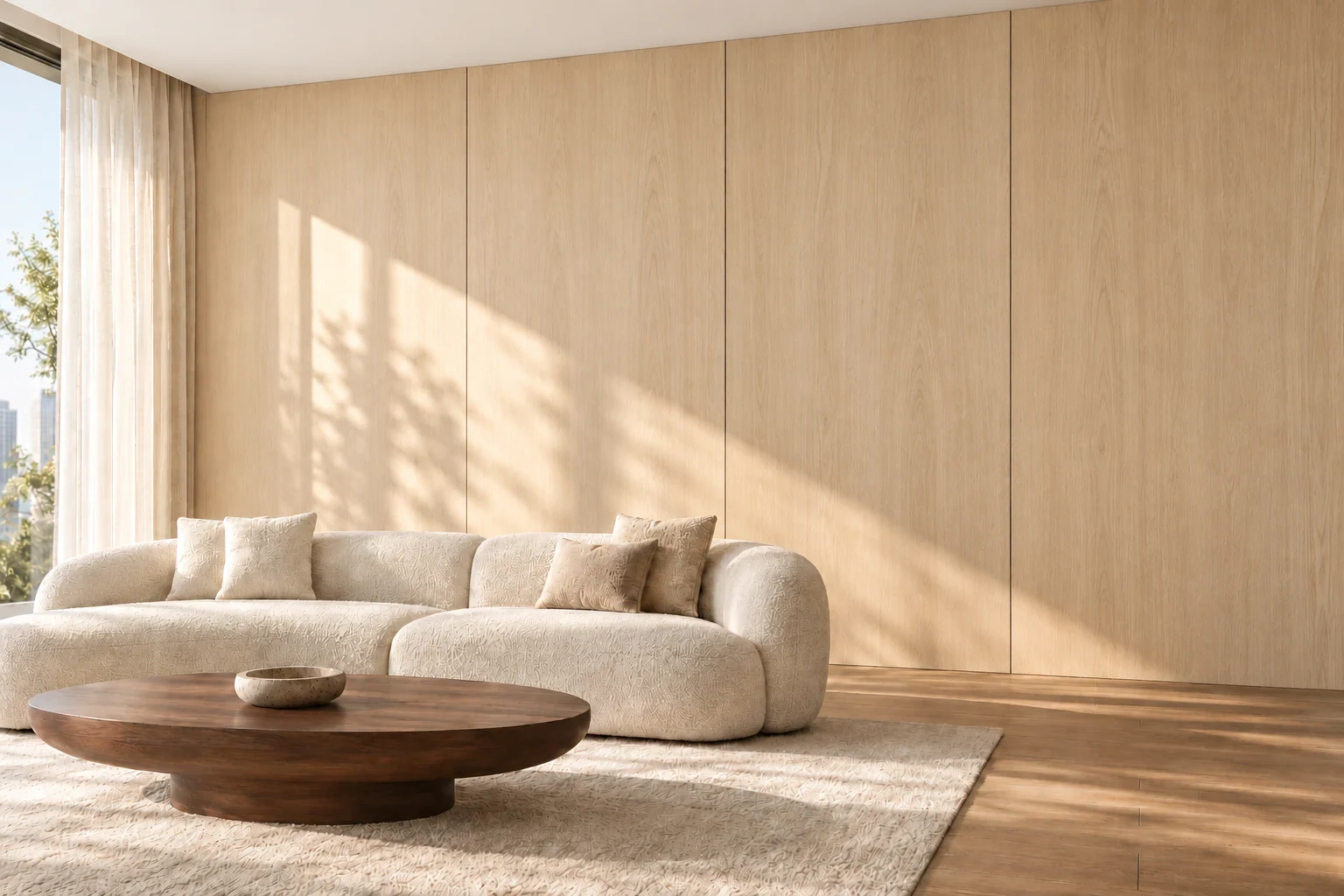 AI design illustration of a living room feature wall with broad pale wood-look panels behind a light sofa and wooden coffee table