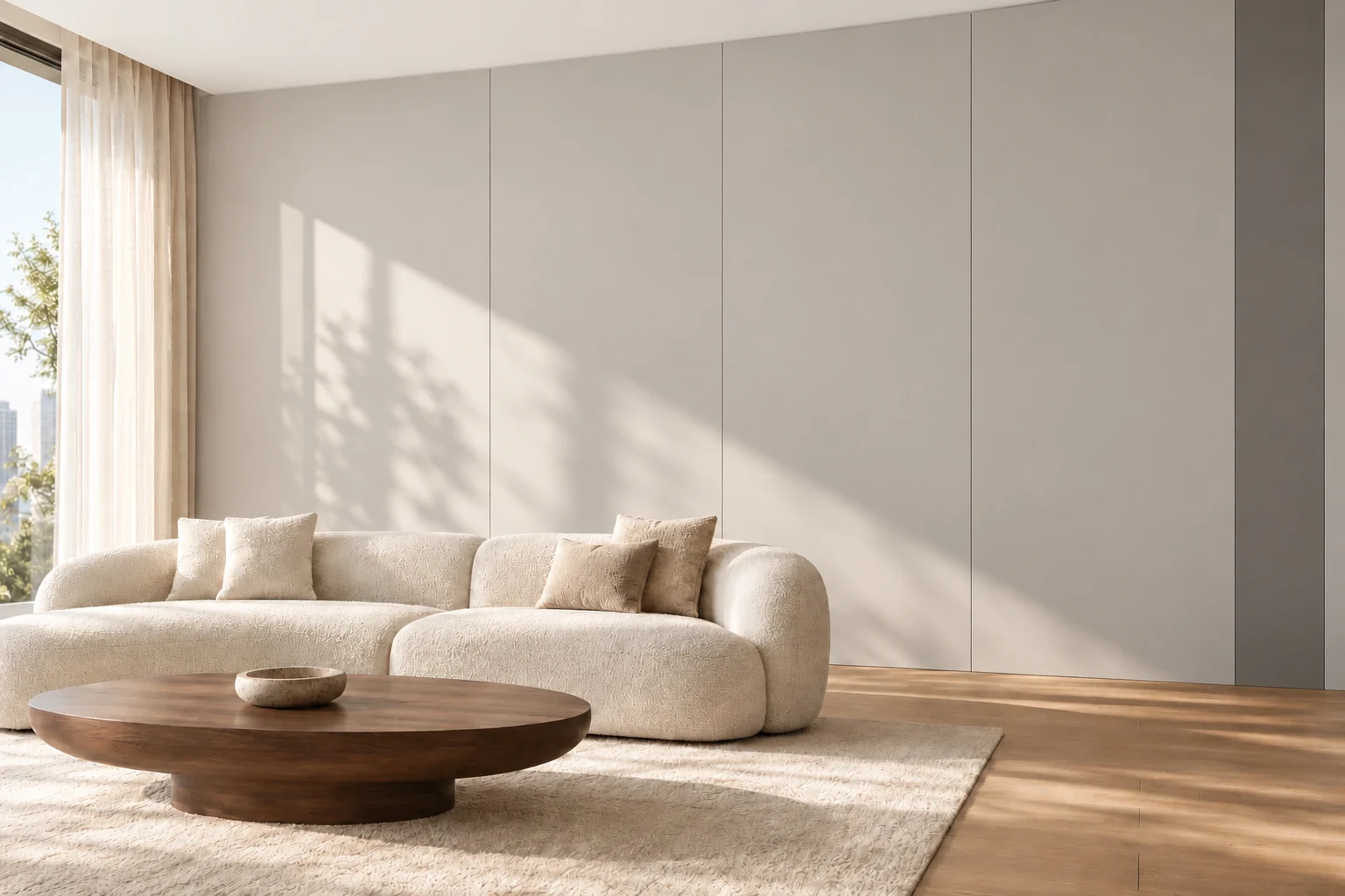 AI design illustration of a flat light grey living room panel wall with a dark grey accent on one side and fine vertical joints