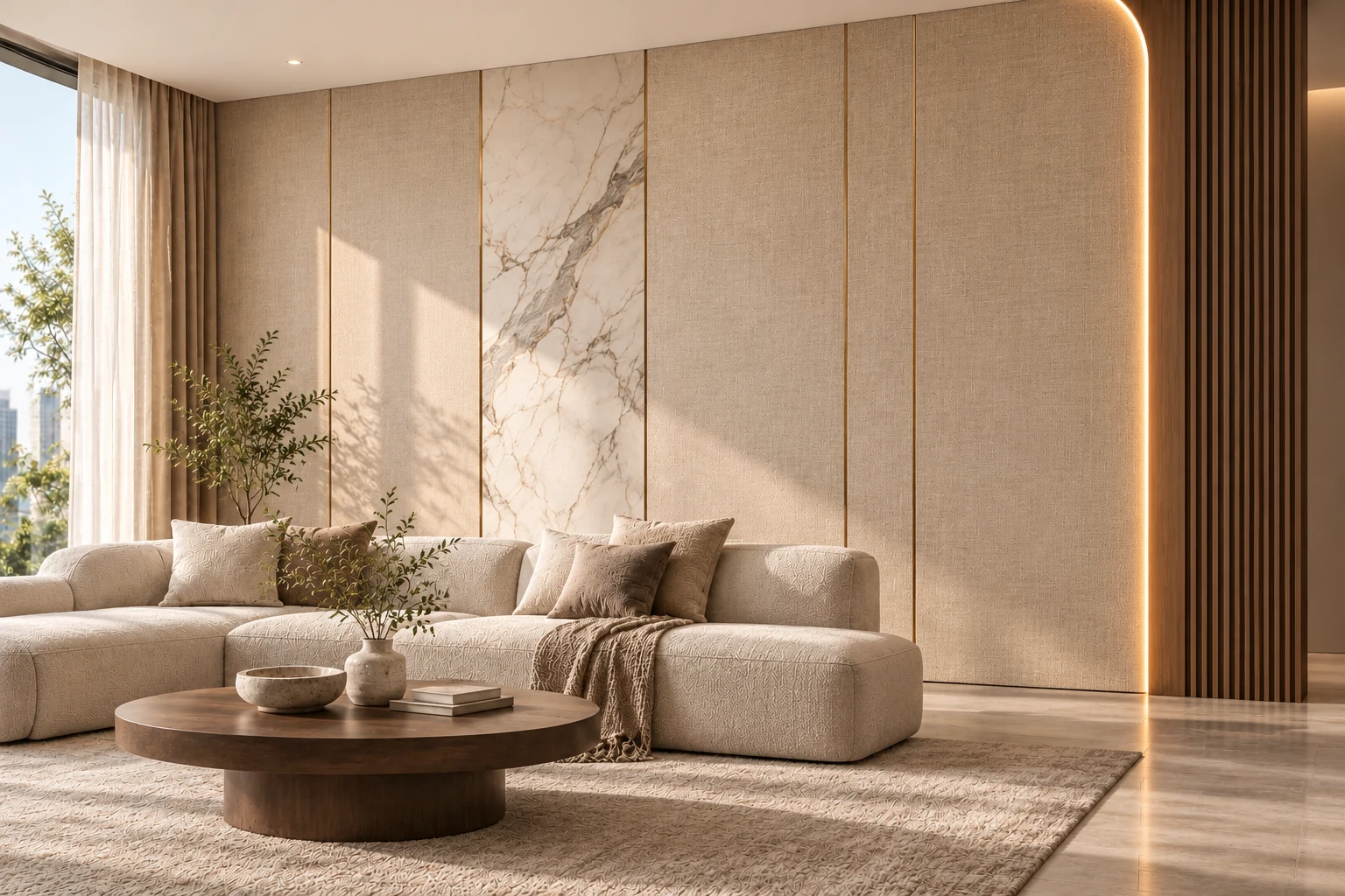 AI design illustration of a quiet luxury living room with warm beige linen-look panels, pale marble, wood slats, warm lighting and a light sofa