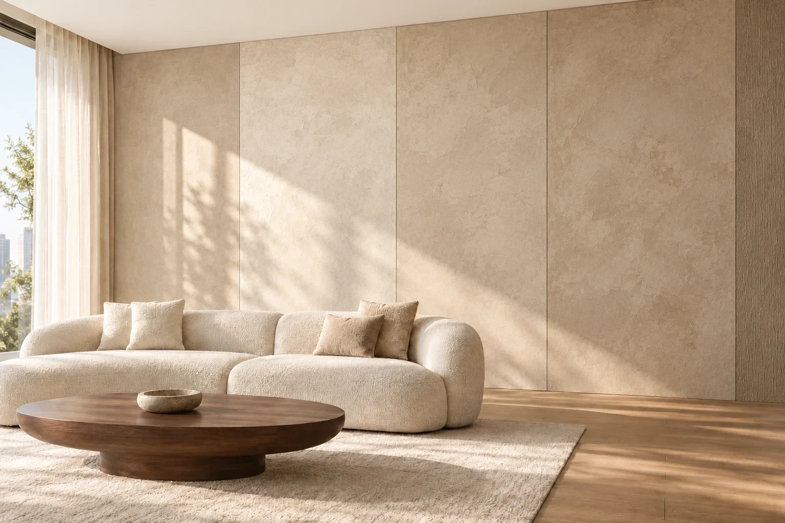 AI design illustration of a living room feature wall with soft sand-beige mineral-texture panels behind a light sofa and wooden coffee table