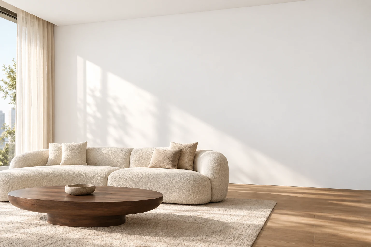 AI design illustration of a living room with a plain white painted wall, with the same furniture, layout and daylight