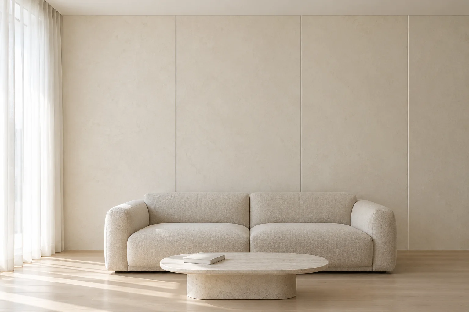 AI design illustration of a cream-style home living room with flat ivory wall panels, fine white joints, a soft cream sofa and a simple coffee table