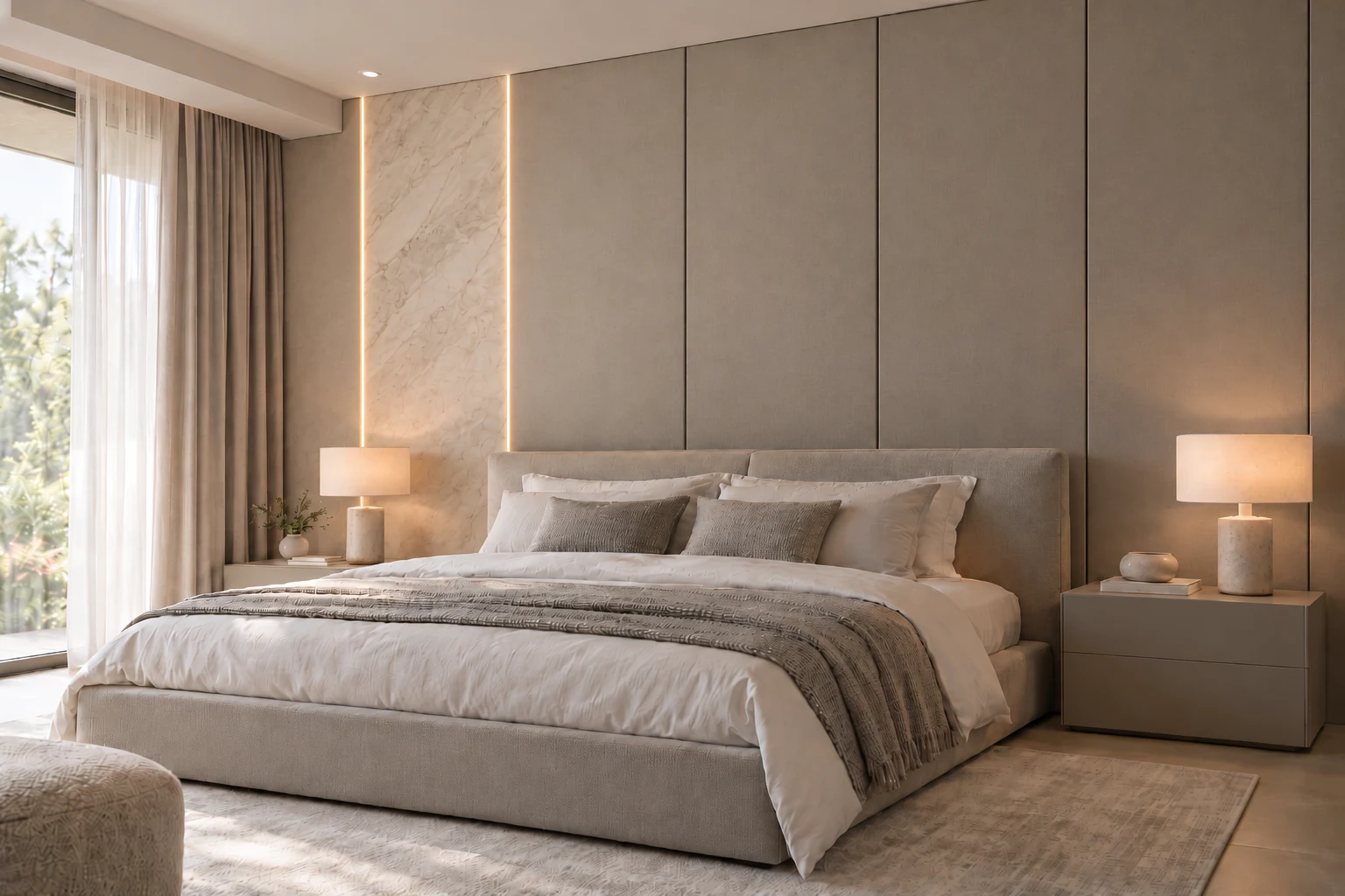 AI design illustration of a bedhead wall with warm grey panels and a pale stone accent, grey-beige bedding and simple bedside tables