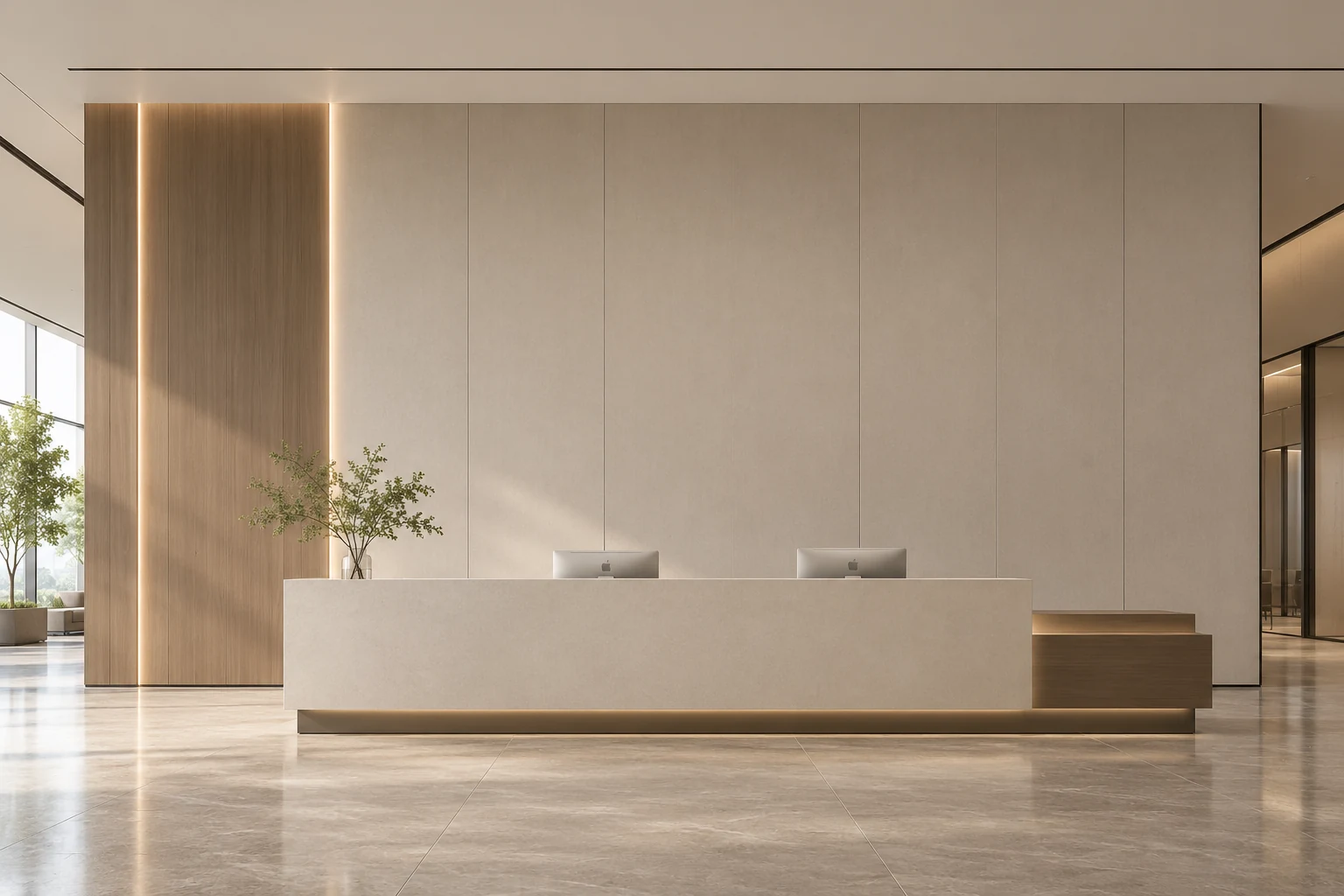 AI design illustration of a commercial reception with light greige wall panels, wood-look accents, a simple reception counter and bright natural daylight