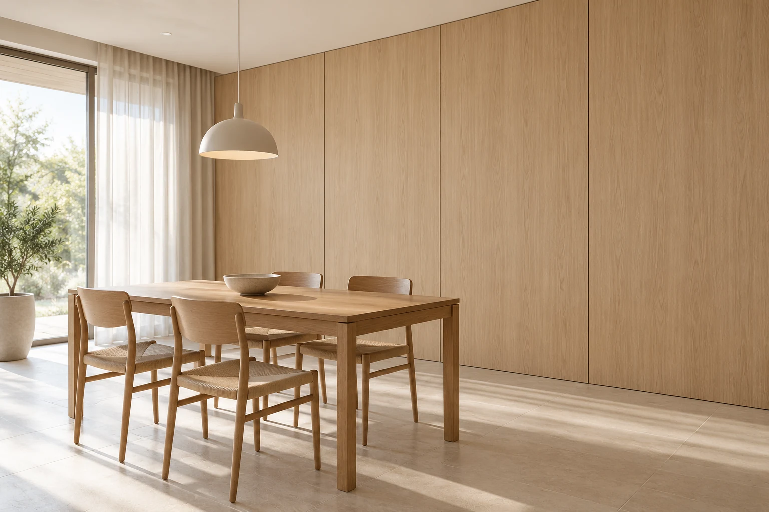 AI design illustration of a home dining room with broad pale oak wall panels, a simple wooden table, four dining chairs and natural daylight