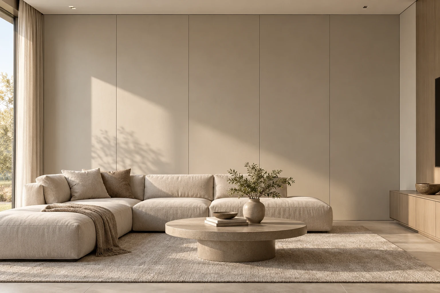 AI design illustration of a living room with flat warm beige wall panels behind a cream fabric sofa, a round stone-look coffee table and natural side light