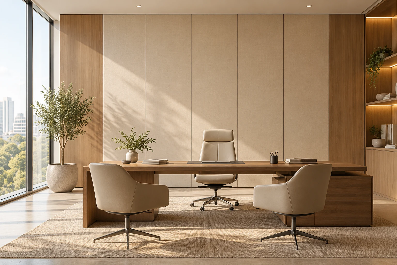AI design illustration of an office with warm grey wall panels, wood-look accents, a wooden desk, an office chair and two visitor chairs