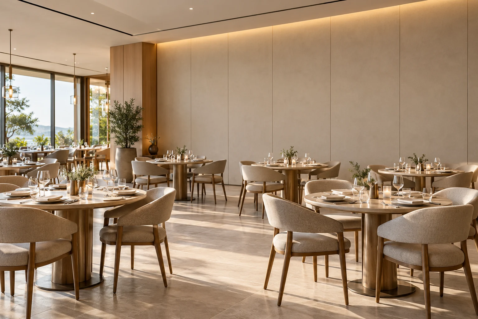 AI design illustration of a restaurant with flat greige wall panels, wood-look accents, neatly arranged dining tables and chairs, and warm natural light