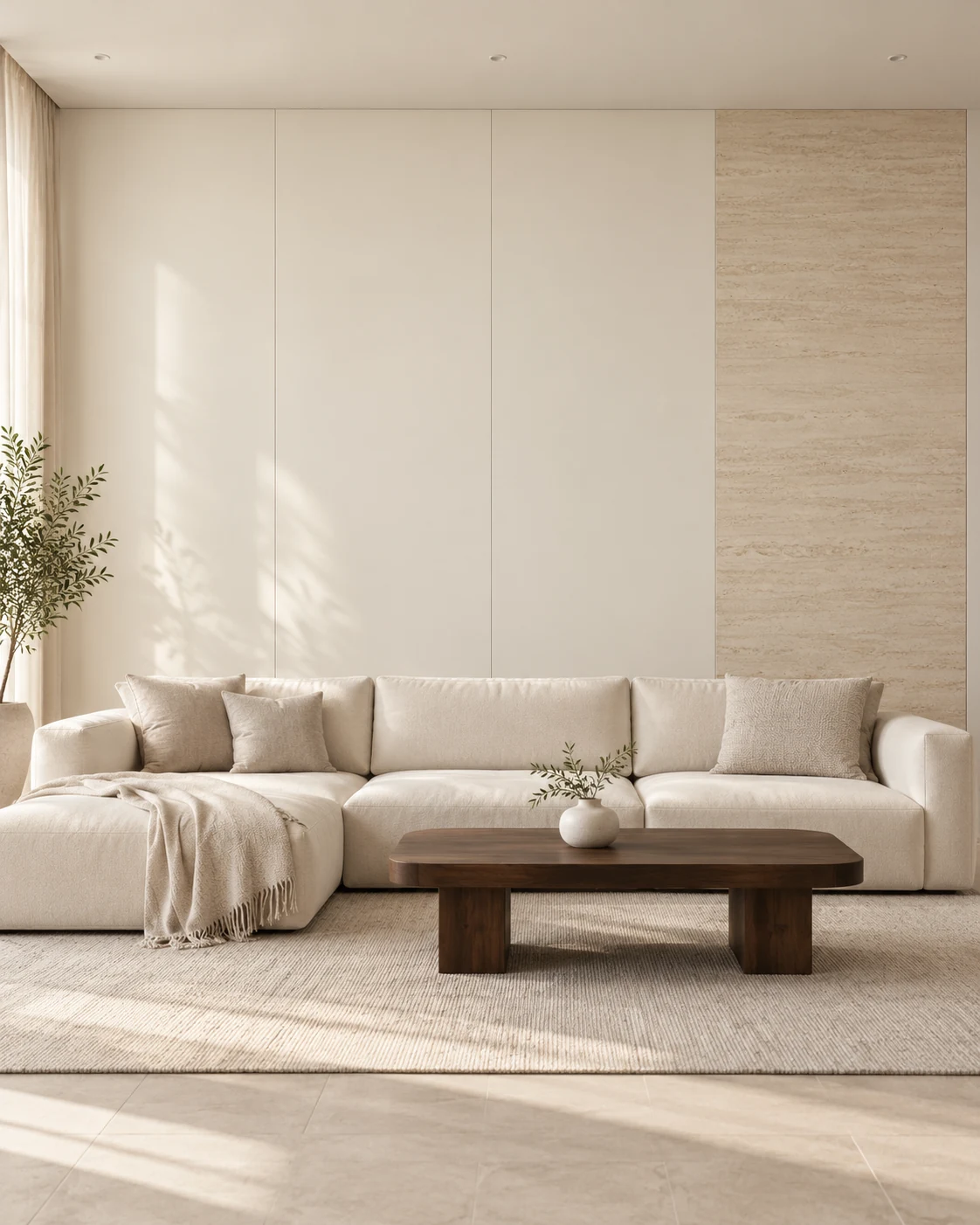 AI design illustration of a cream living room with flat ivory panels, a pale beige stone accent, a white sofa and a dark wooden coffee table