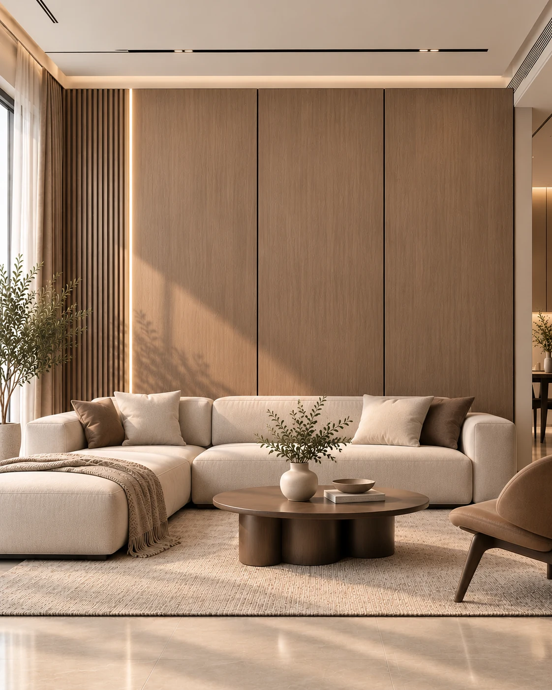 AI design illustration of an Italian minimalist living room with warm wood-look panels, fine black joints and a low light-coloured sofa