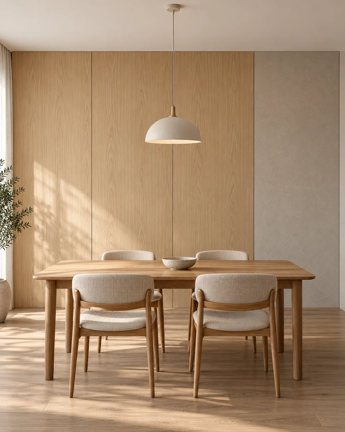 AI design illustration of a Japandi home dining room with flat pale oak and warm grey wall panels, a wooden table and light dining chairs