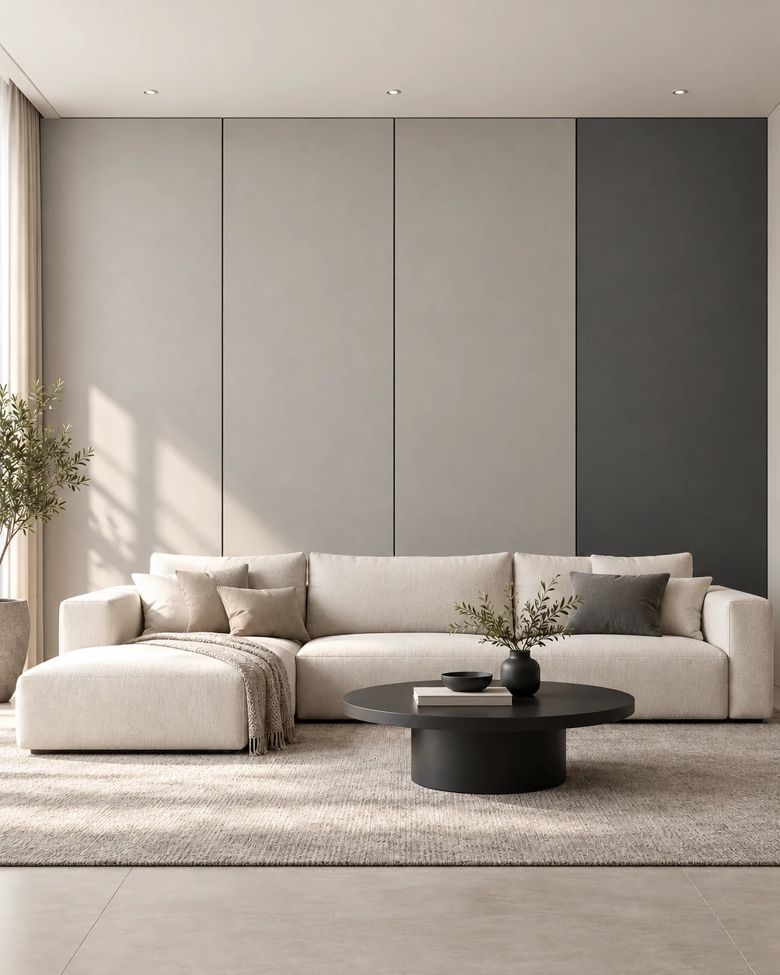 AI design illustration of a modern minimalist living room with flat light grey and graphite panels, fine black joints, a light sofa and a dark coffee table