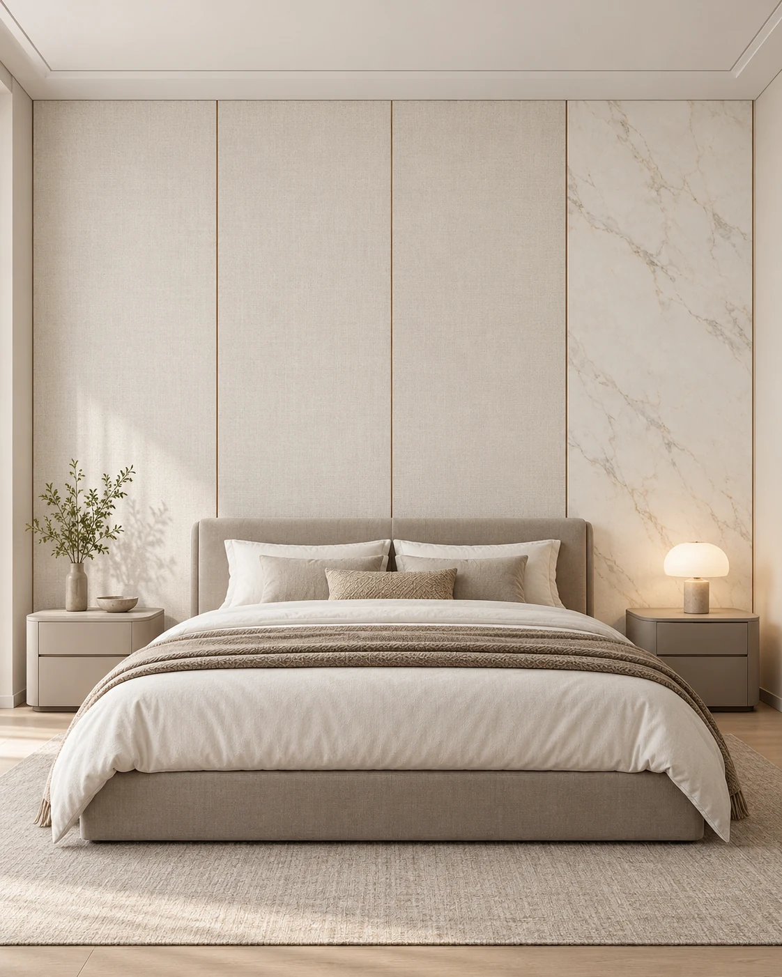 AI design illustration of a quiet luxury bedroom with a warm white linen-look and pale stone bedhead wall, a beige upholstered bed, simple bedside tables and soft natural light