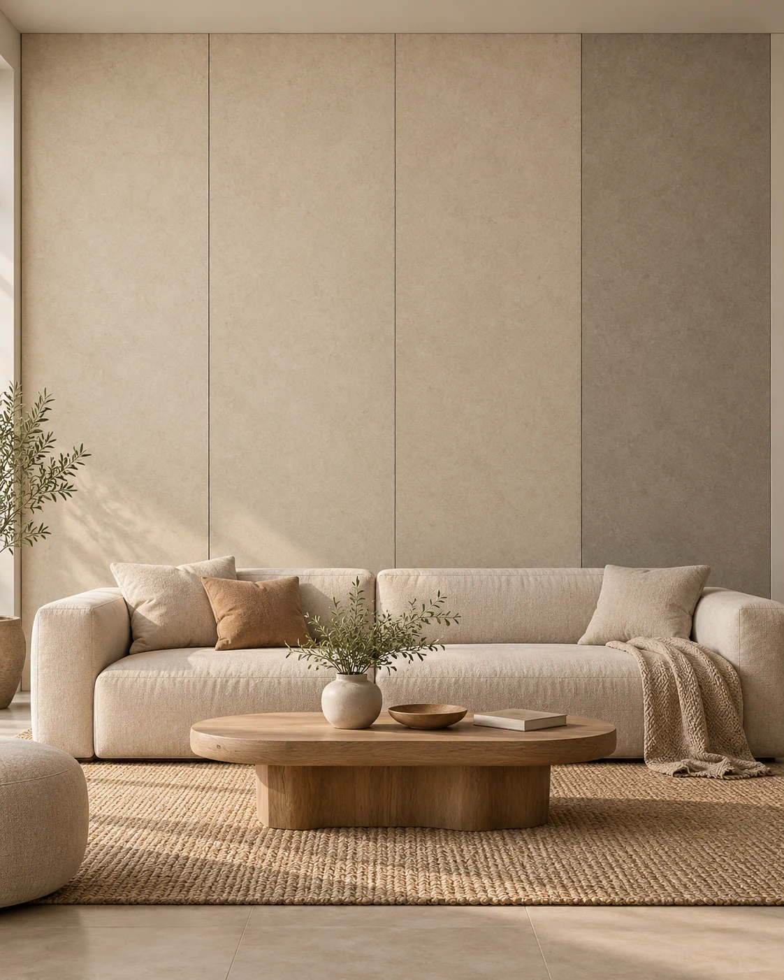 AI design illustration of a wabi-sabi living room with flat warm beige panels, a greige accent, a light fabric sofa and a wooden coffee table